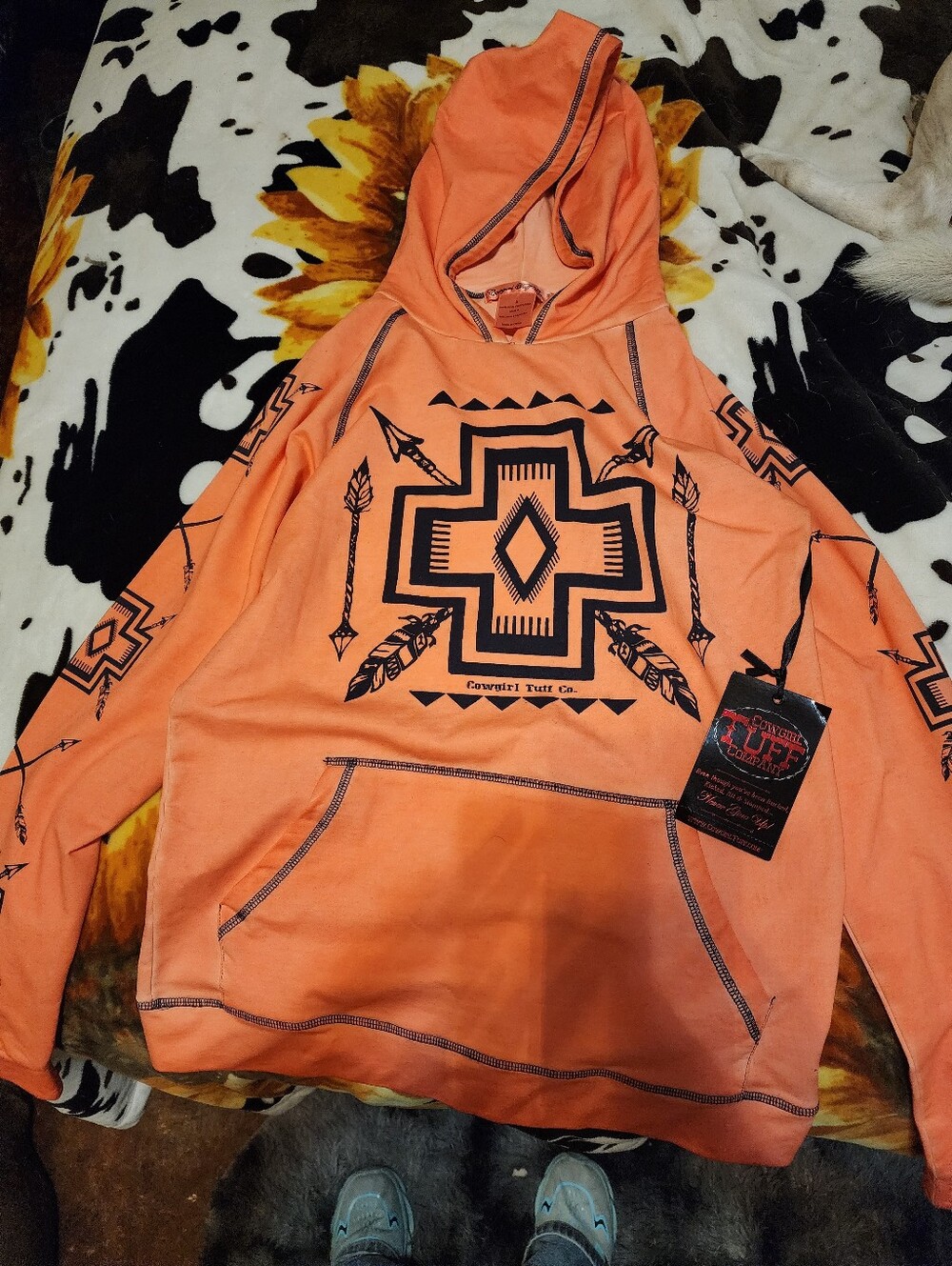 Cowgirl Tuff Orange Crewneck Sweater with Black Tribal Graphic